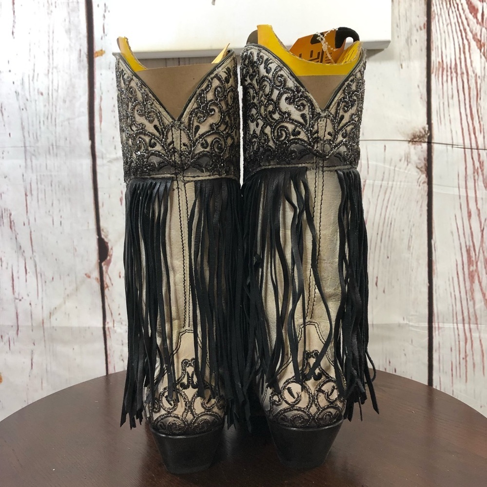 CORRAL handcrafted Fringe Embroidered Western Women’s Boot - Black and Cream 7 - Picture 9 of 16